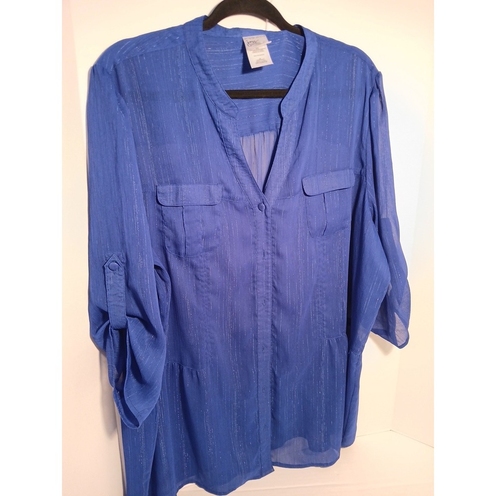 Just My Size Blouse Women 3X Blue Good Metallic Pinstripe Roll Tab Peplum JM9425